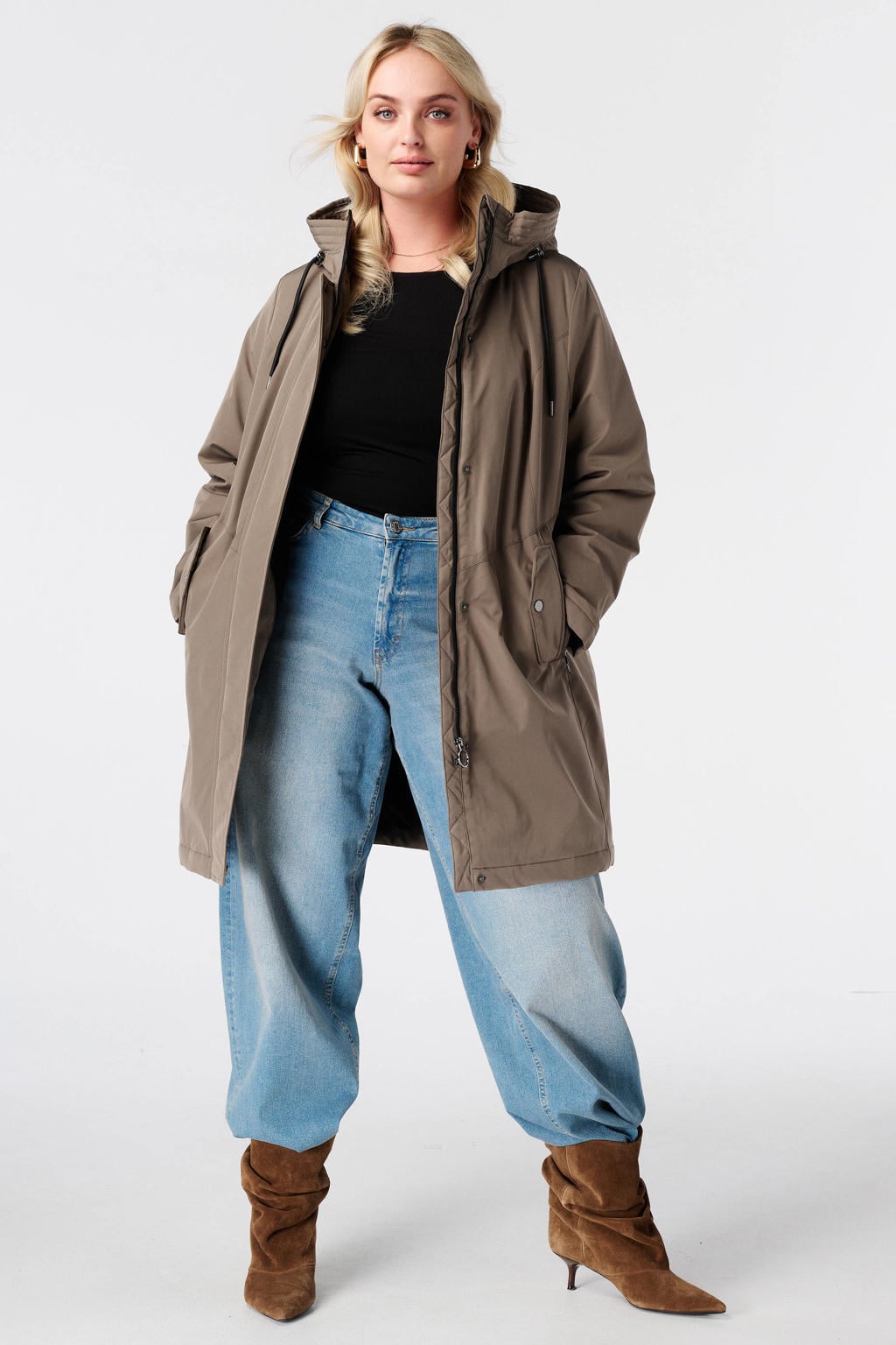 Taupe dames MS Mode Plus Size regenjas van polyester met effen, lange mouwen en capuchon