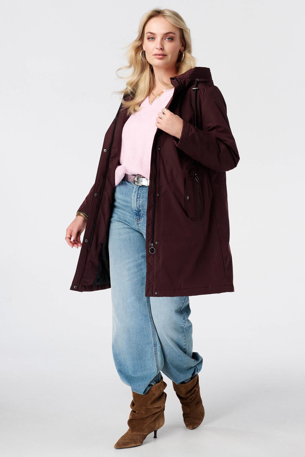 Donkerrode dames MS Mode Plus Size regenjas van polyester met effen, lange mouwen en capuchon