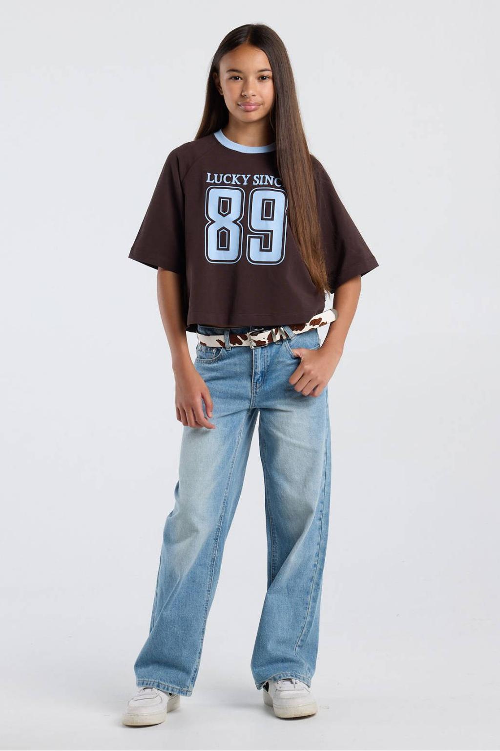 America Today T-shirt met tekst - bruin/blauw
