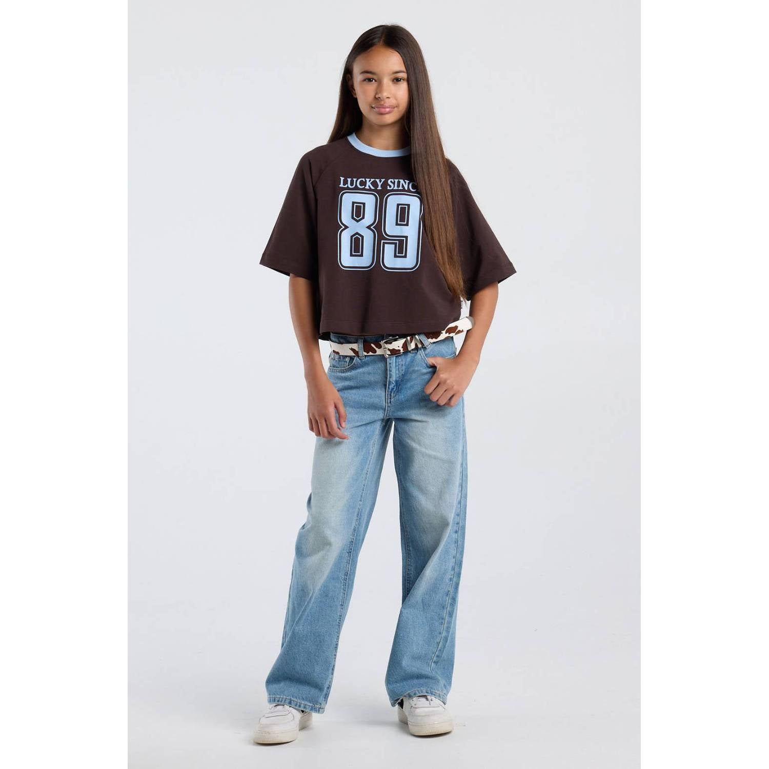 America Today T-shirt met tekst bruin blauw