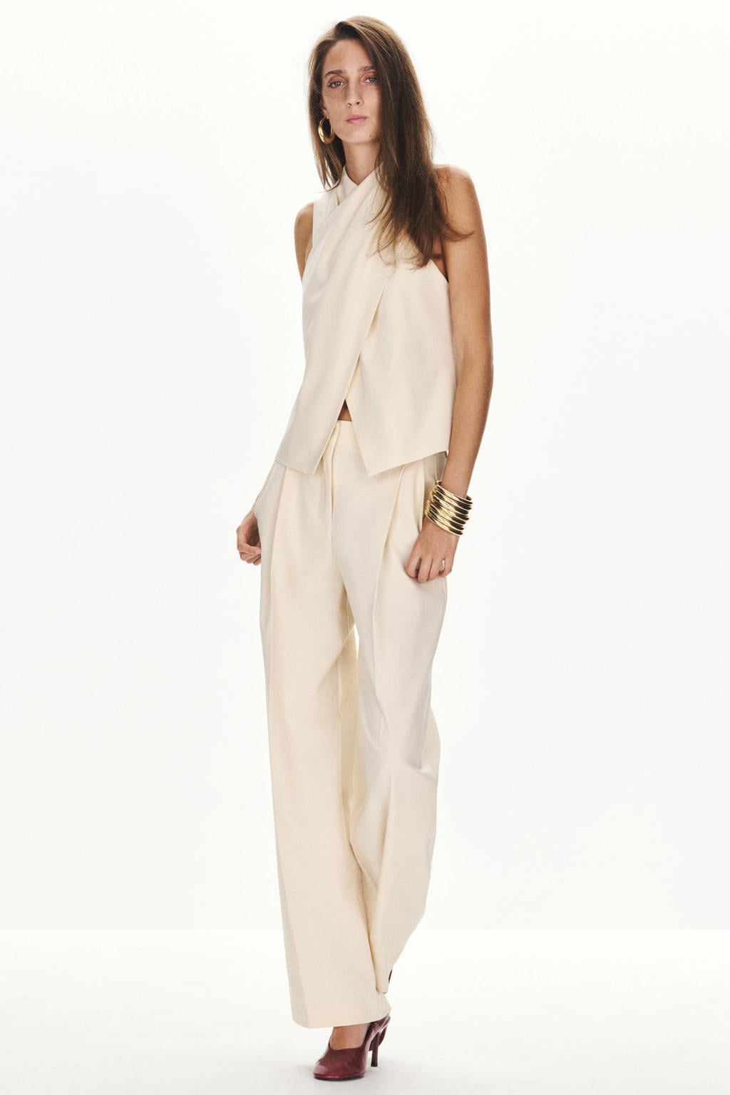 Beige dames Mango top van polyester met effen en ronde hals
