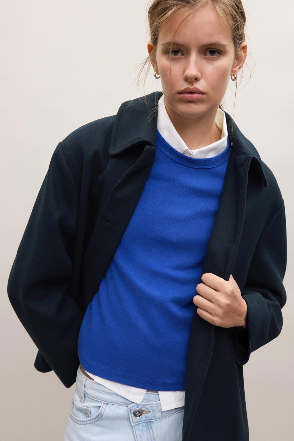 Donkerblauwe meisjes MANGO TEEN mantel jas van polyester met effen, lange mouwen en knoopsluiting