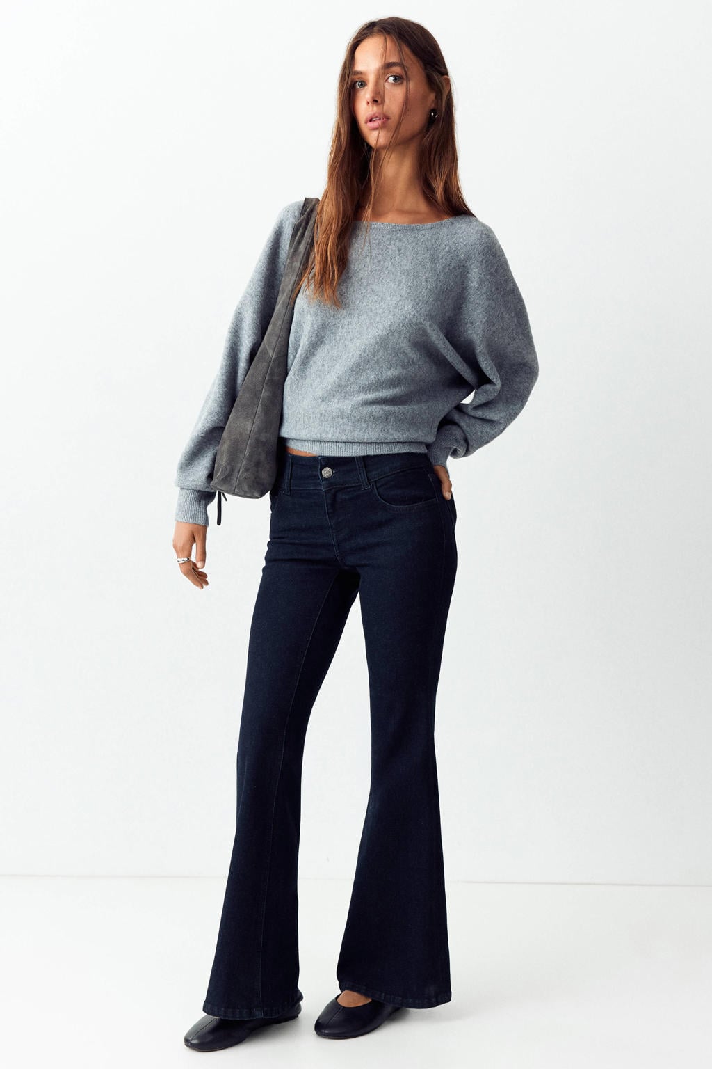 Dark blue denim meisjes MANGO TEEN flared jeans van denim met regular waist, rits- en knoopsluiting en effen