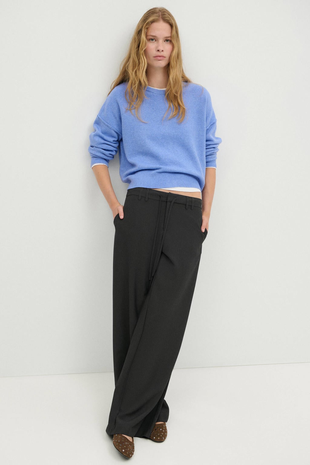 Blauwe meisjes MANGO TEEN gebreide trui van polyester met effen, lange mouwen en ronde hals