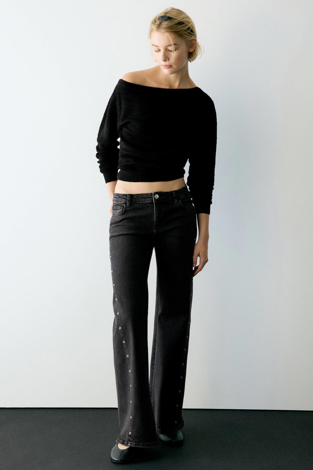 Grey denim meisjes MANGO TEEN wide leg jeans van denim met rits- en knoopsluiting en effen