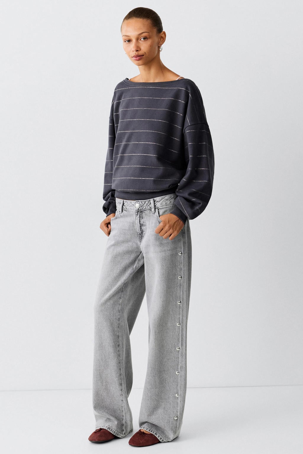 Grey denim meisjes MANGO TEEN wide leg jeans van denim met low waist, rits- en knoopsluiting en effen