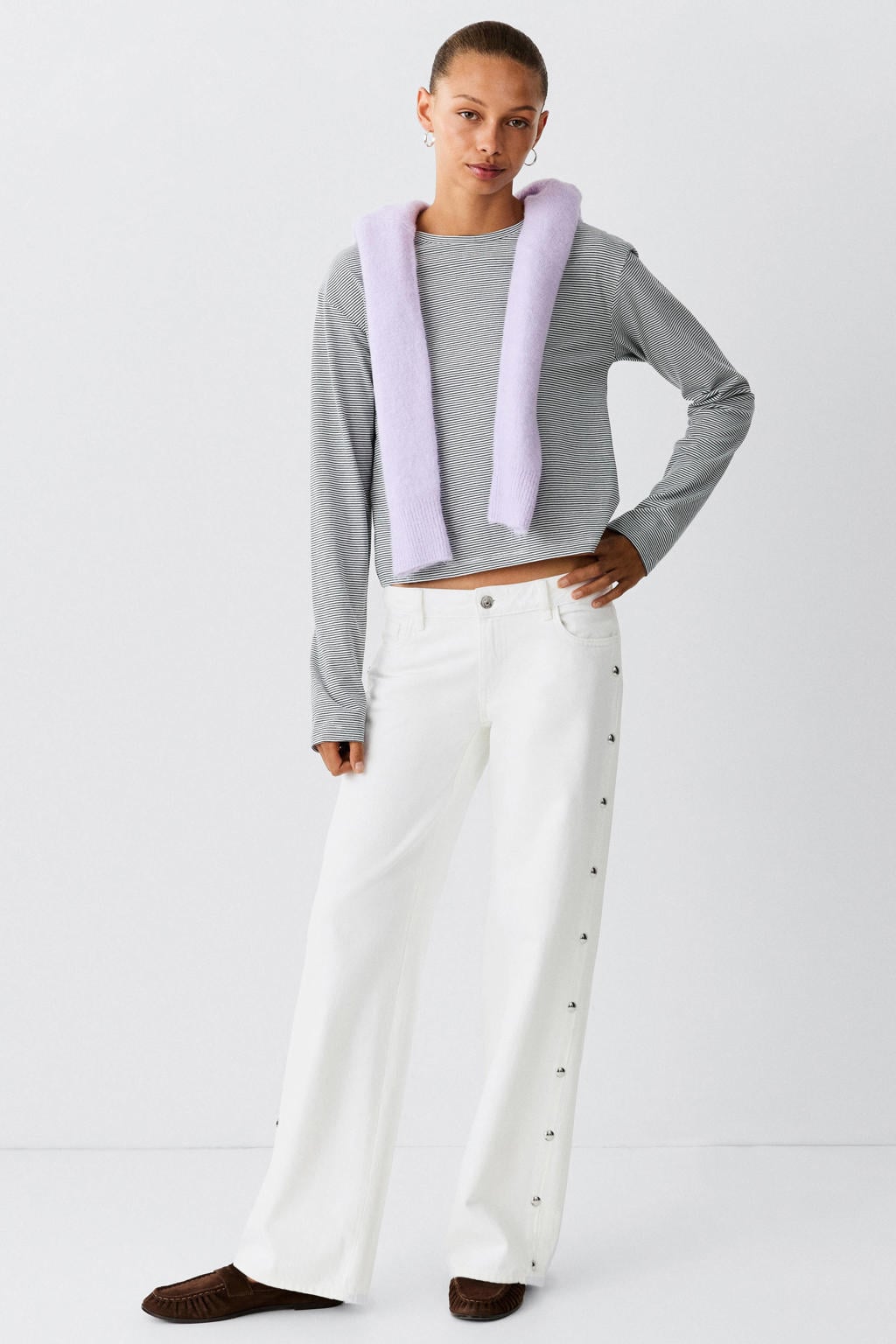Witte meisjes MANGO TEEN wide leg jeans van denim met low waist, rits- en knoopsluiting en effen