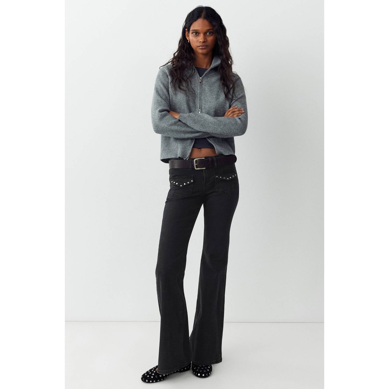 MANGO TEEN low waist flared jeans met studs grey denim