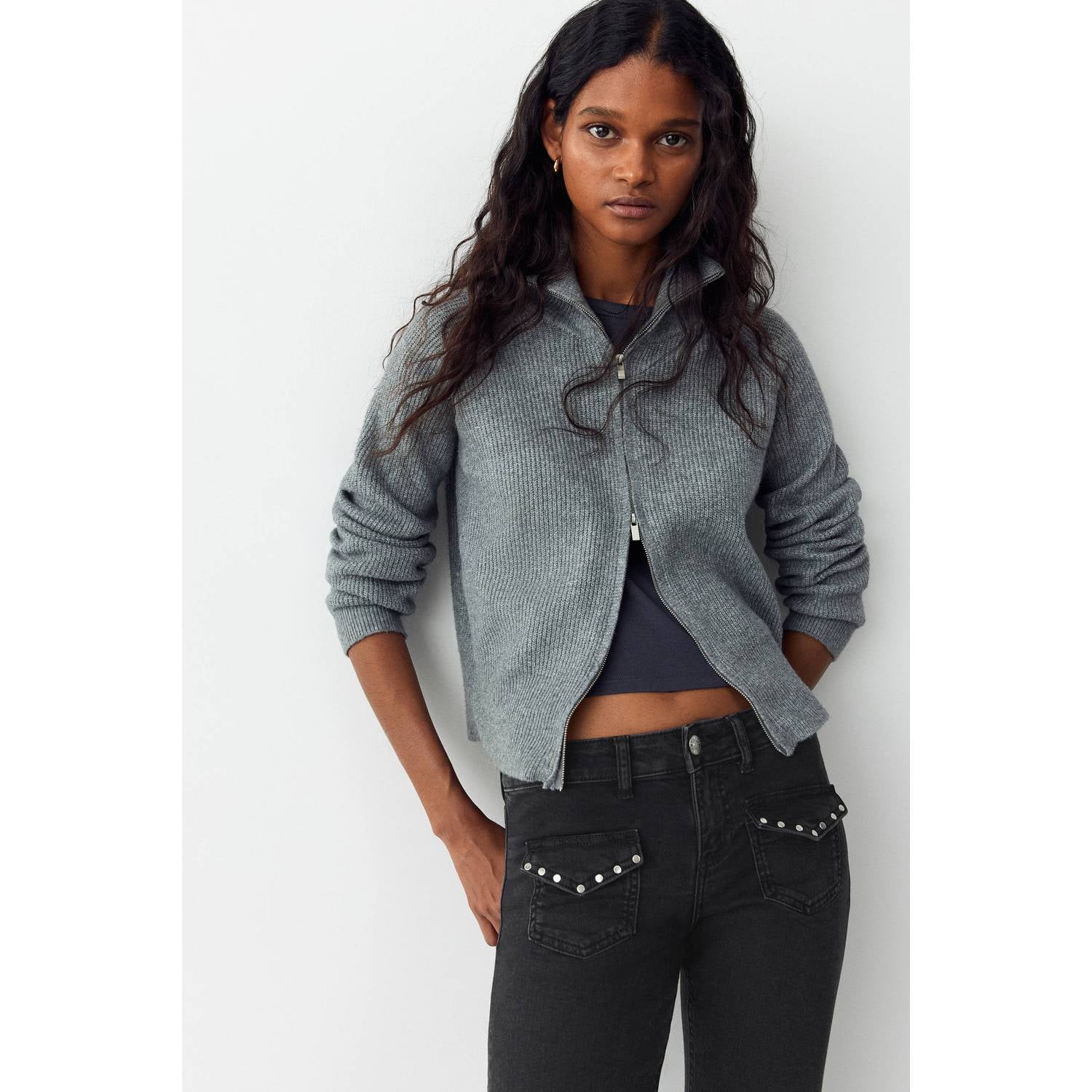 MANGO TEEN low waist flared jeans met studs grey denim