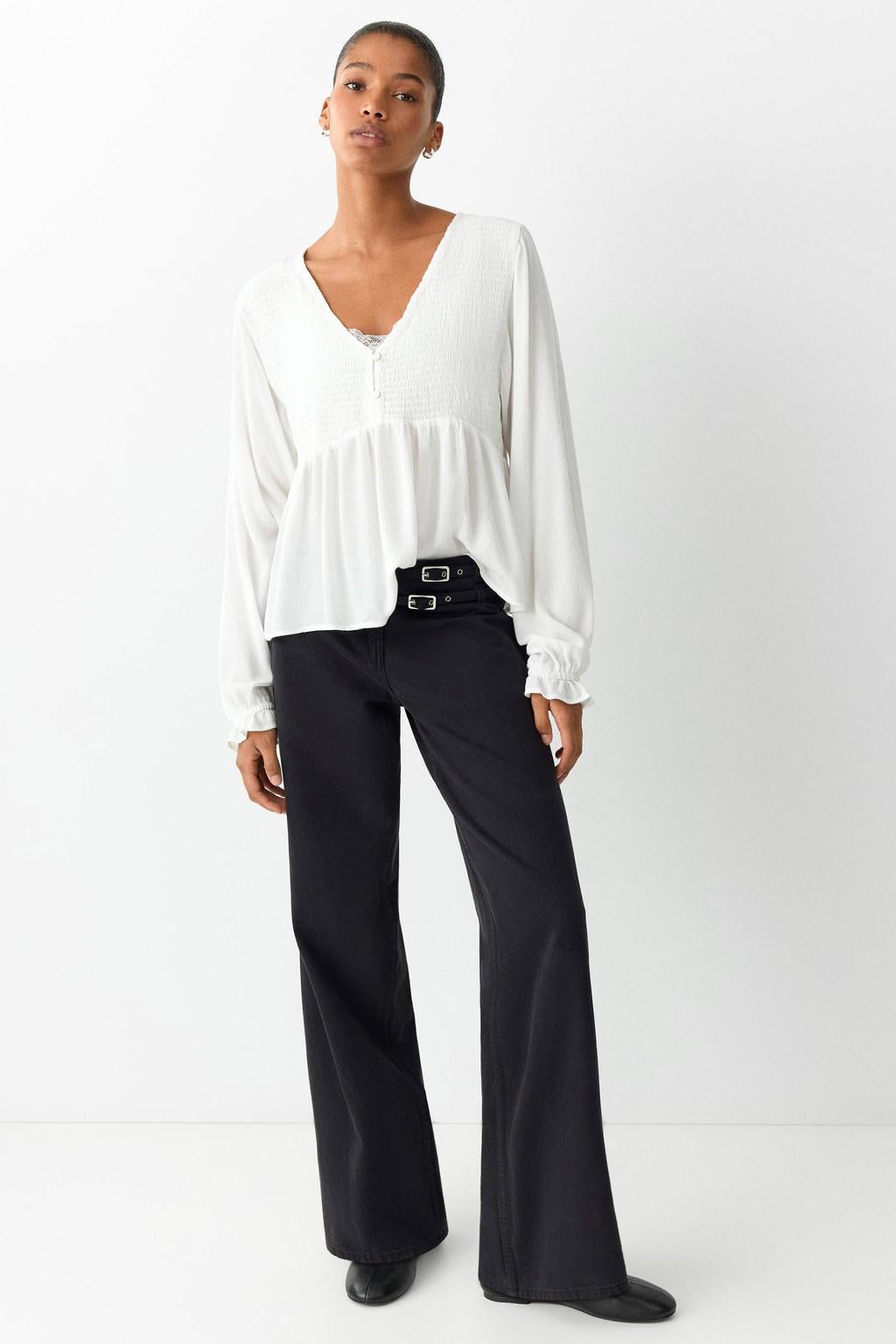 MANGO TEEN rechtvallende blousetop met ruches - naturel wit