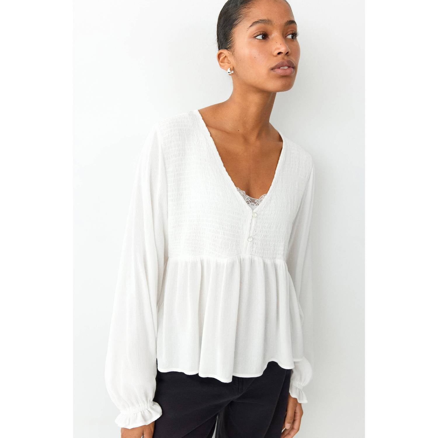 MANGO TEEN rechtvallende blousetop met ruches naturel wit