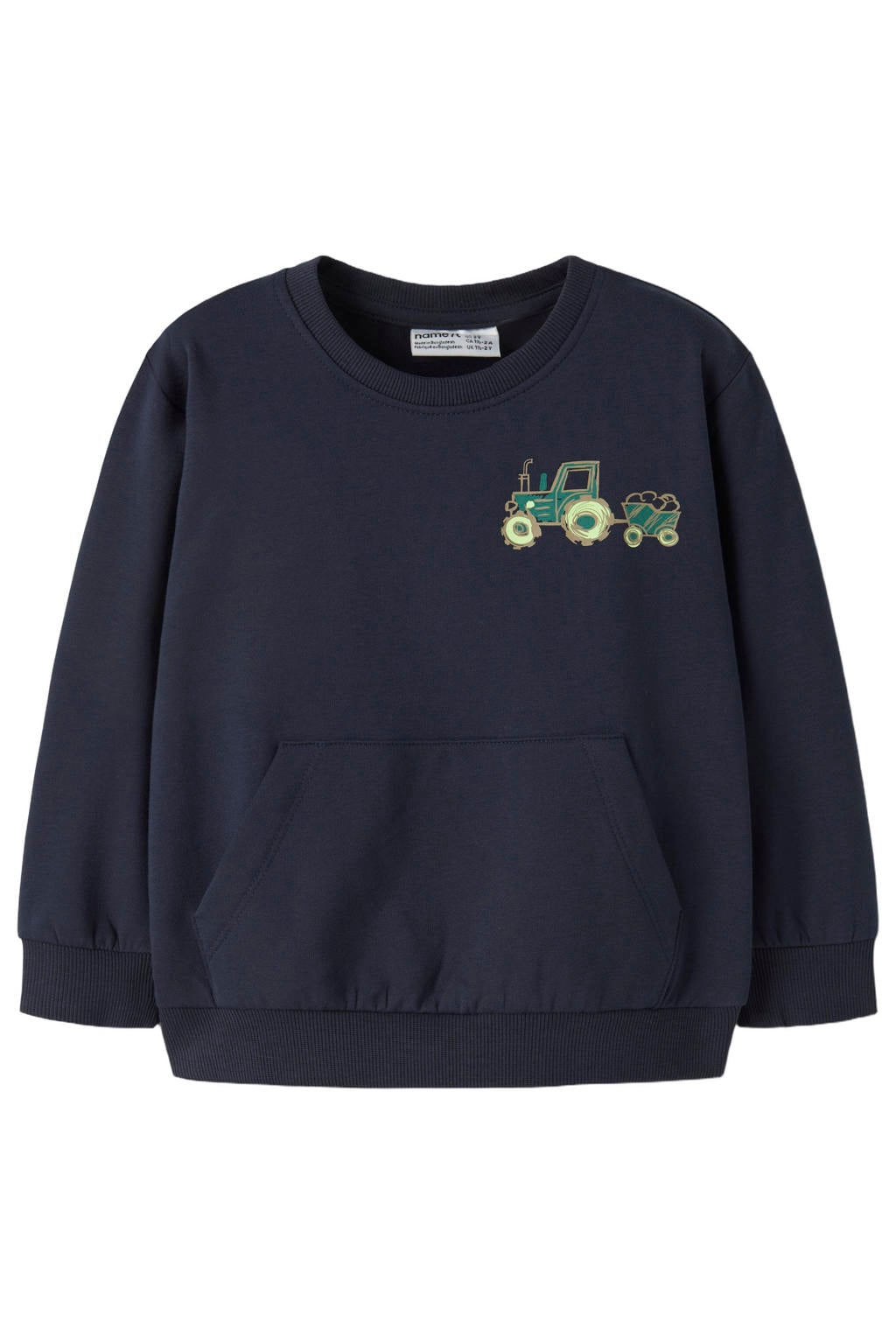 Donkerblauwe jongens NAME IT MINI sweater diep met printopdruk, lange mouwen, ronde hals en geribde boorden
