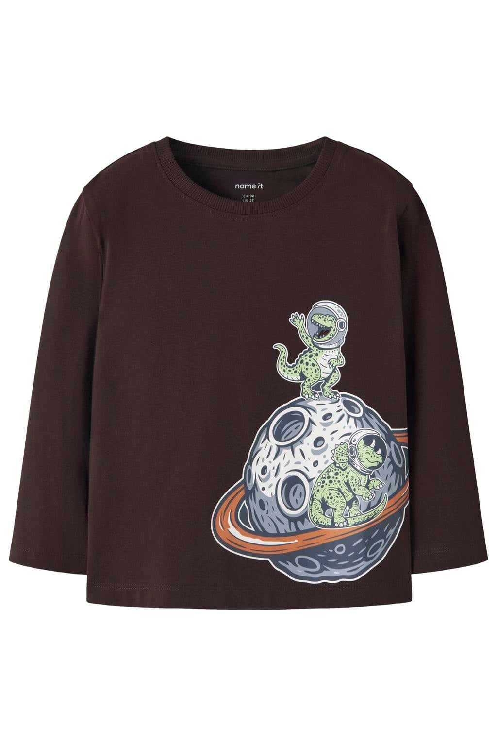 Bruine jongens NAME IT MINI rechtvallende longsleeve van katoen met printopdruk, lange mouwen en ronde hals