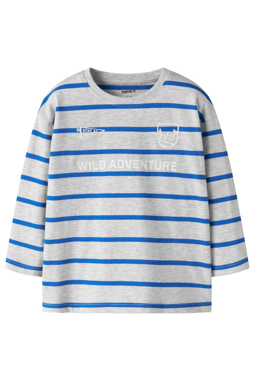 NAME IT MINI gestreepte longsleeve met tekst - grijs/blauw