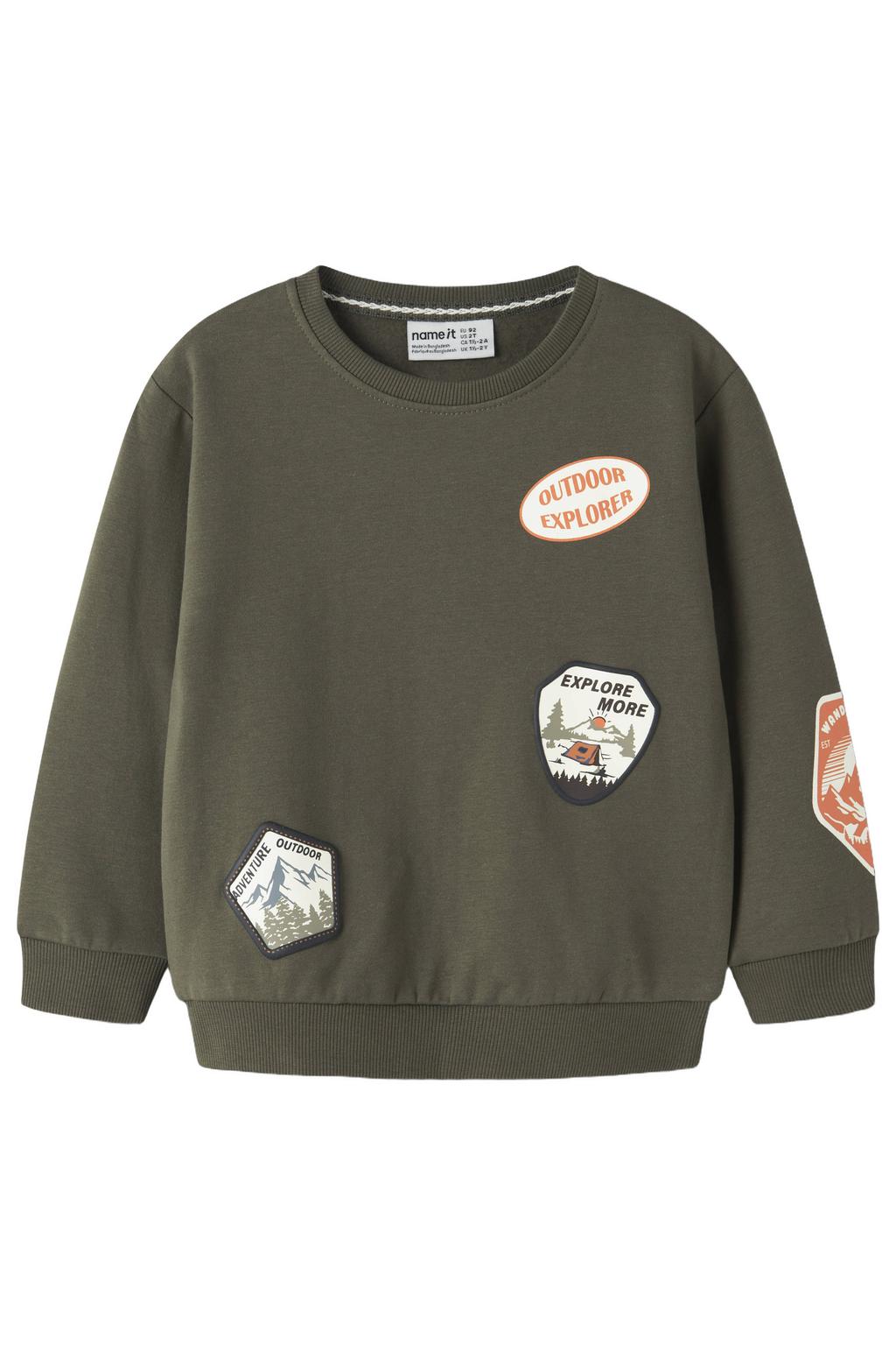 Donkergroene jongens NAME IT MINI sweater met effen, lange mouwen, ronde hals en geribde boorden