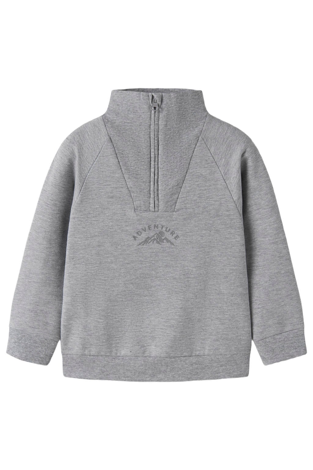 Grijs melange jongens NAME IT MINI sweater met effen, lange mouwen, opstaande kraag, halve rits en geribde boorden