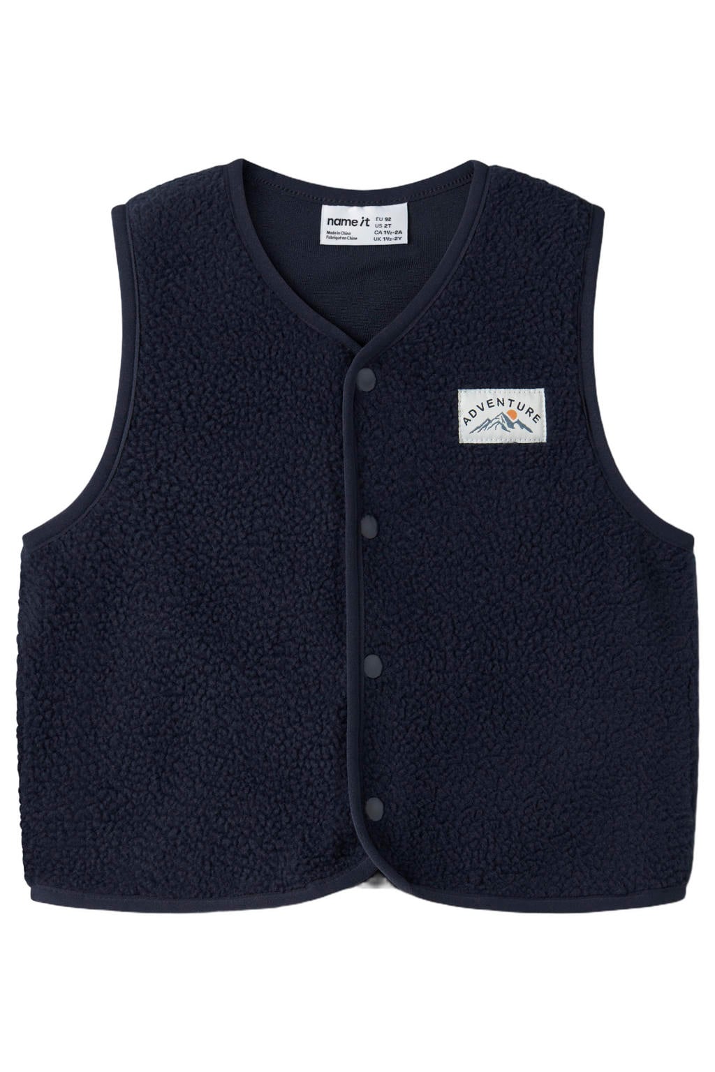 Donkerblauwe jongens NAME IT MINI teddy gilet met effen, ronde hals en drukknoopsluiting