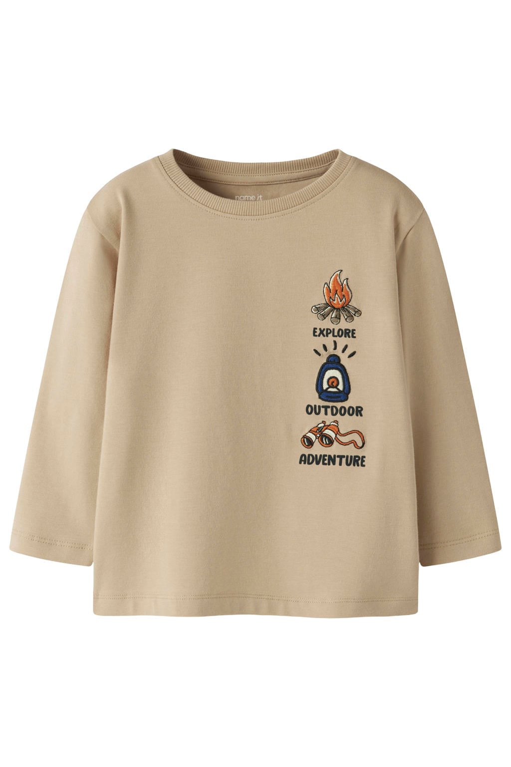 Lichtbruine jongens NAME IT MINI longsleeve van stretchkatoen met backprint, lange mouwen, ronde hals en borduursels