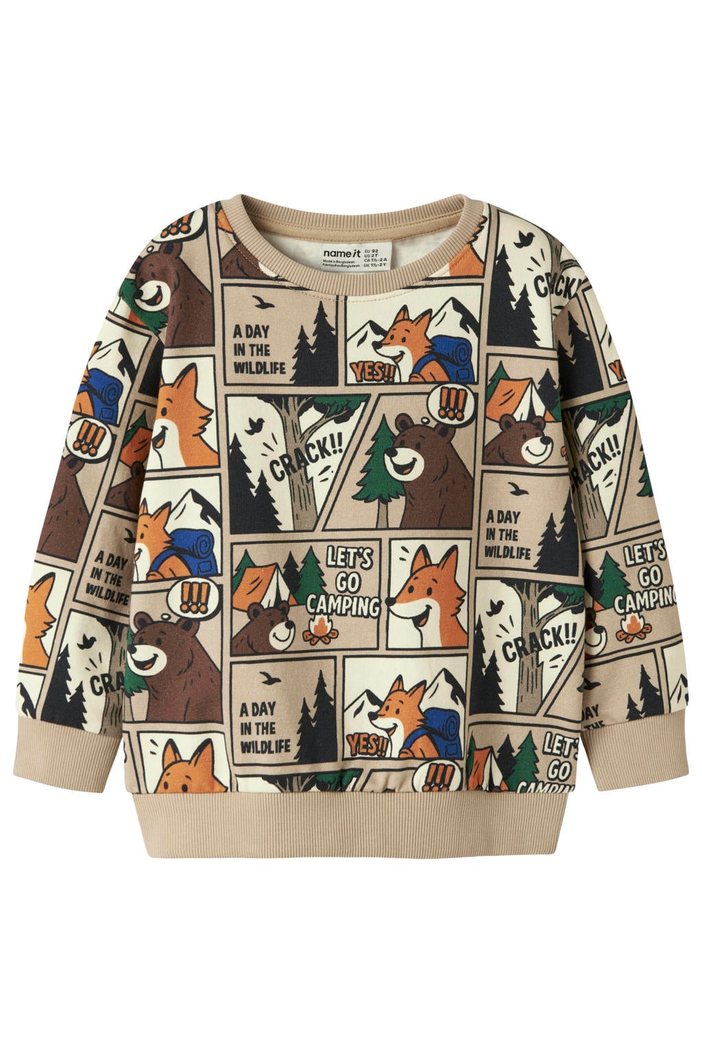 Lichtbruine jongens NAME IT MINI sweater met lange mouwen, ronde hals en geribde boorden