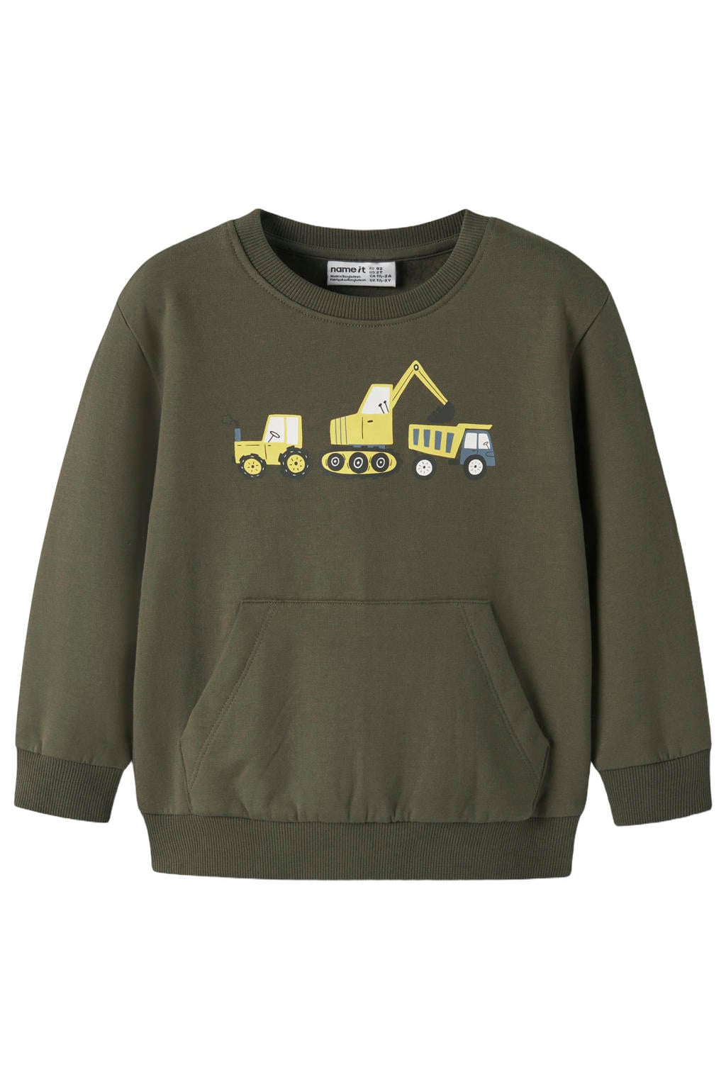 Donkergroene jongens NAME IT MINI sweater met printopdruk, lange mouwen, ronde hals en geribde boorden