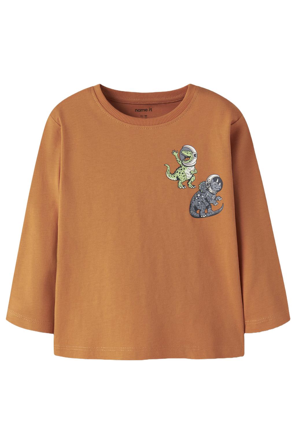 Oranje jongens NAME IT MINI rechtvallende longsleeve van katoen met printopdruk, lange mouwen en ronde hals