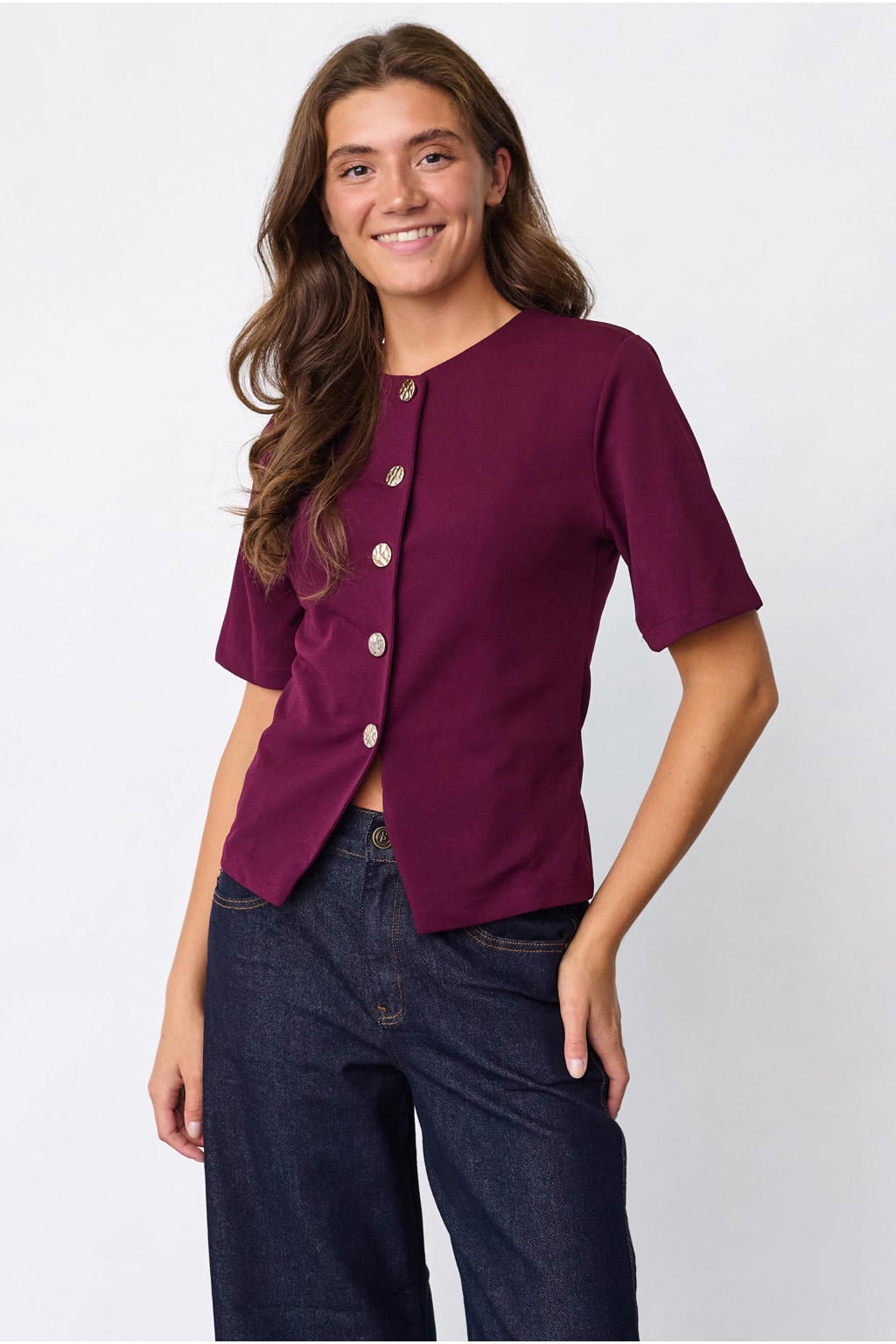 Donkerpaarse dames SisterS Point top van polyester met effen, korte mouwen en ronde hals