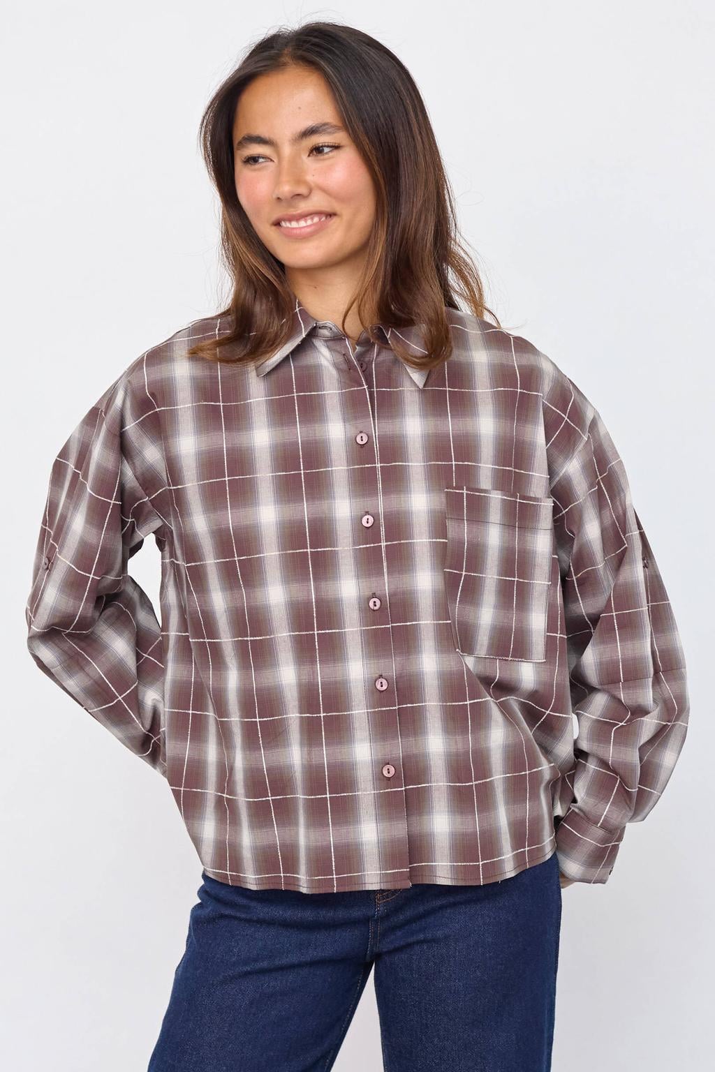 Bruine dames SisterS Point geruite blouse van katoen met lange mouwen, klassieke kraag en knoopsluiting