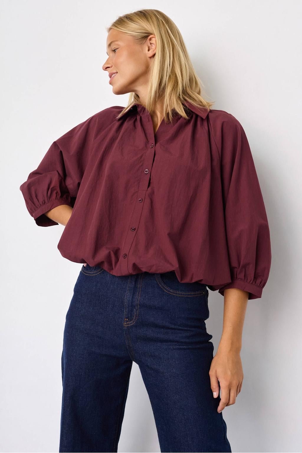Donkerrode dames SisterS Point blouse van polyester met effen, driekwart mouwen, klassieke kraag en knoopsluiting