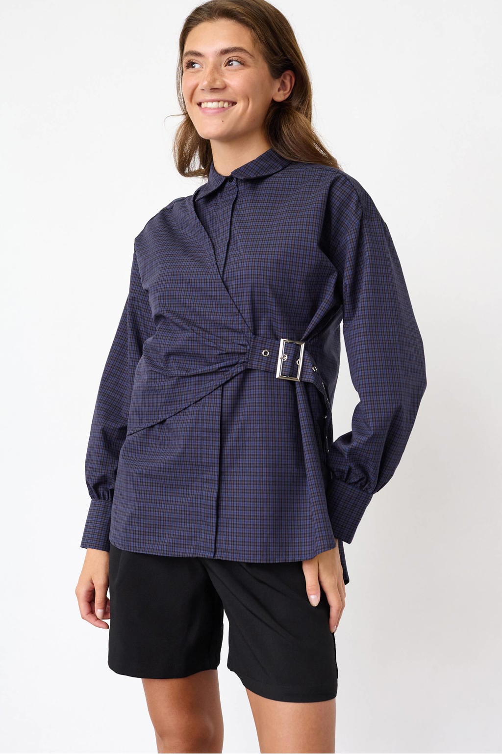 SisterS Point geruite blouse met ceintuur - blauw