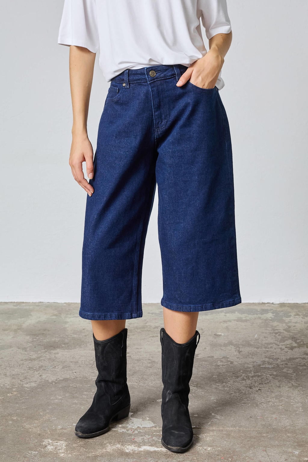 Dark blue denim dames SisterS Point wide leg jort van denim met rits- en knoopsluiting en effen