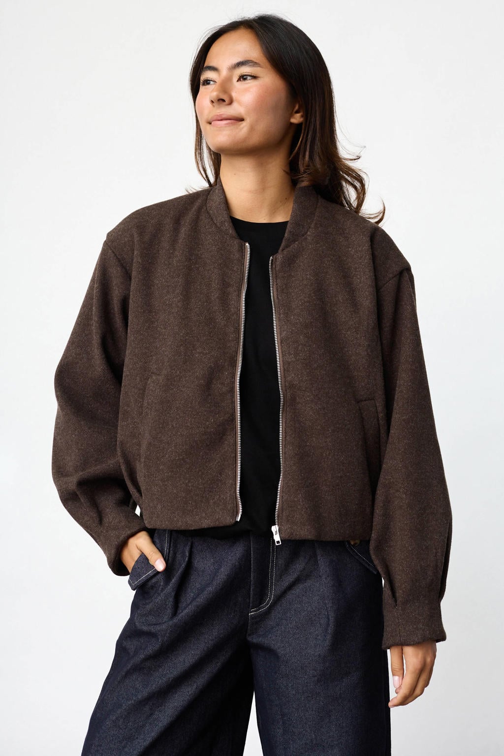 Bruine dames SisterS Point jas van polyester met effen, lange mouwen en opstaande kraag