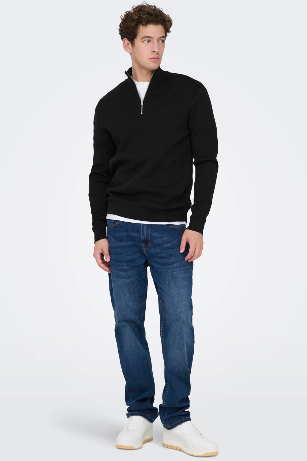 Zwarte heren ONLY & SONS katoenen regular fit gebreide trui met lange mouwen en opstaande kraag
