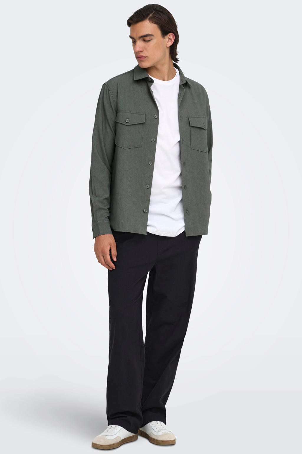 Groene heren ONLY & SONS regular fit gemêleerd twill overshirt van polyester met melée print, lange mouwen en klassieke kraag