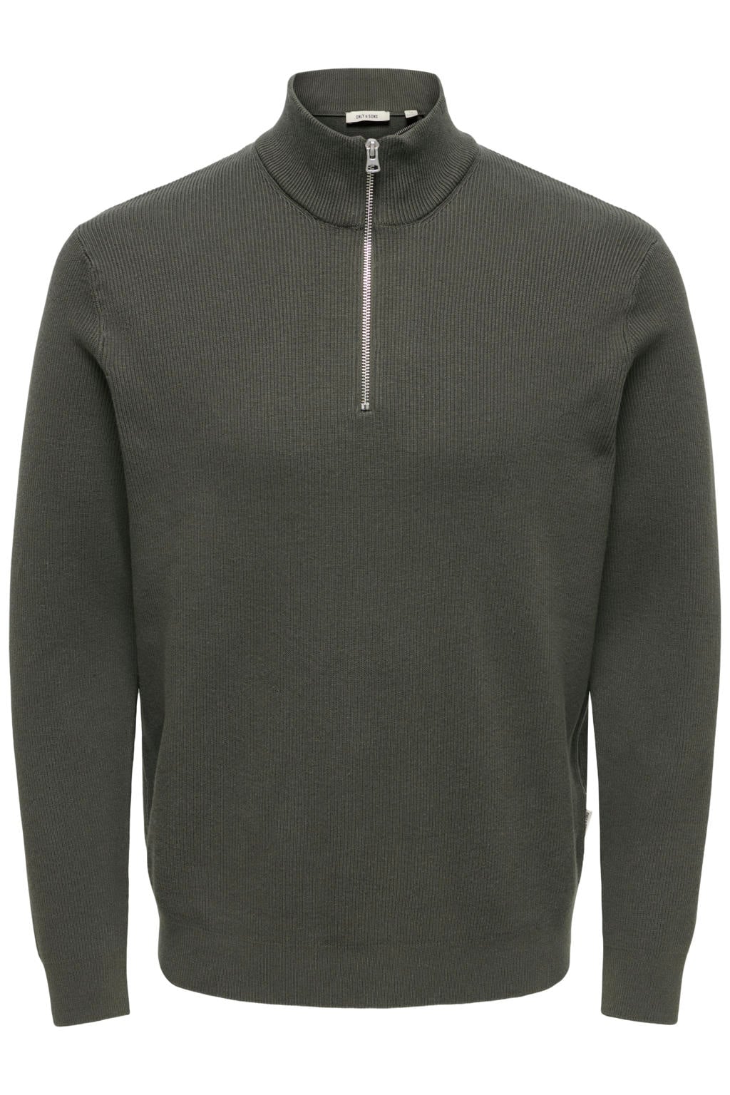 Donkergroene heren ONLY & SONS regular fit gebreide trui van katoen met effen, lange mouwen en opstaande kraag