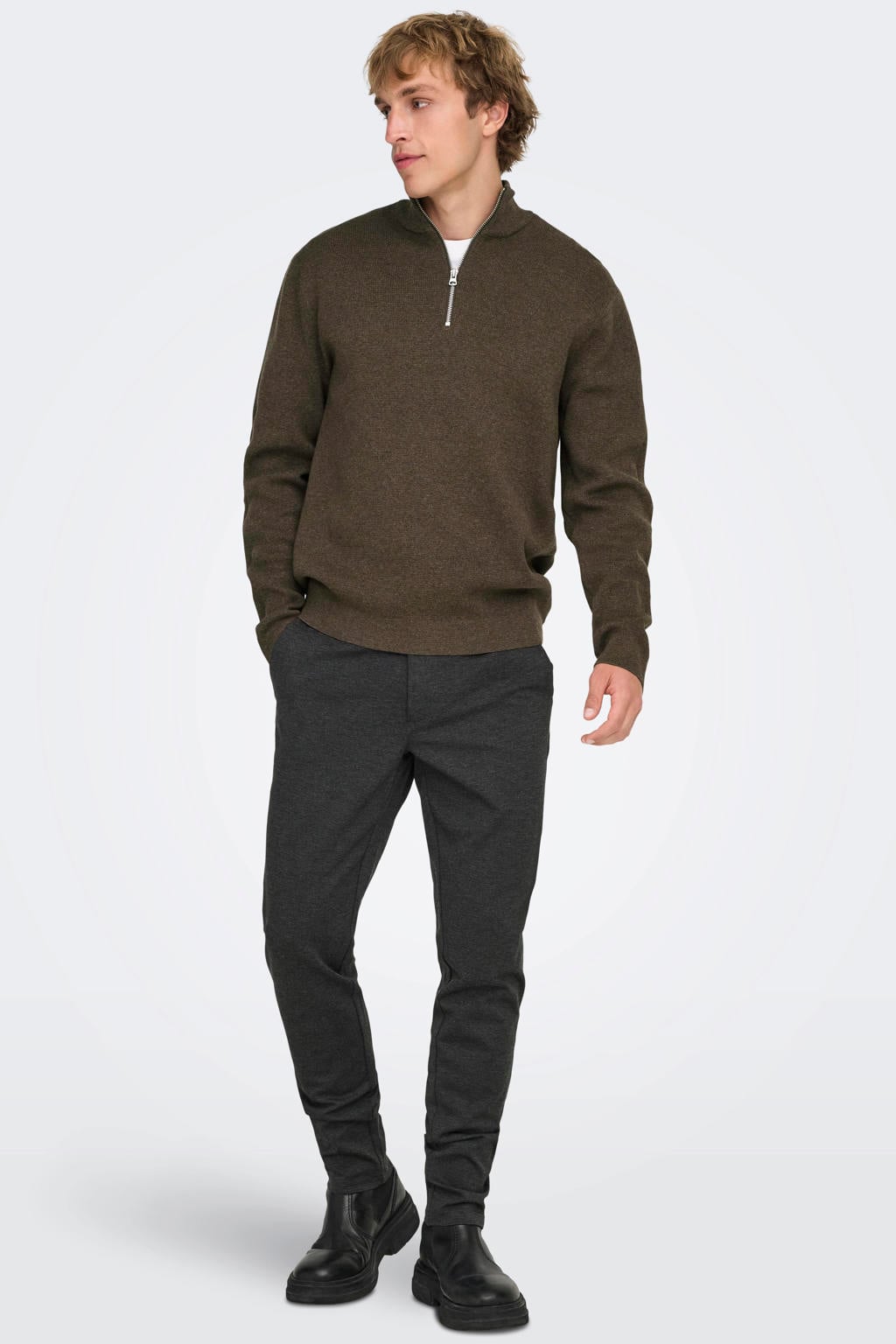 Bruine heren ONLY & SONS katoenen regular fit gebreide trui met lange mouwen en opstaande kraag
