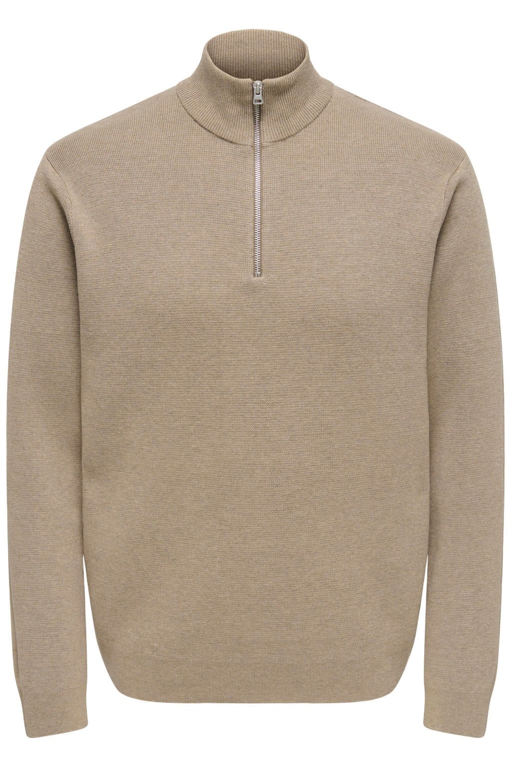 Lichtbruine heren ONLY & SONS katoenen regular fit gebreide trui desert met lange mouwen en opstaande kraag