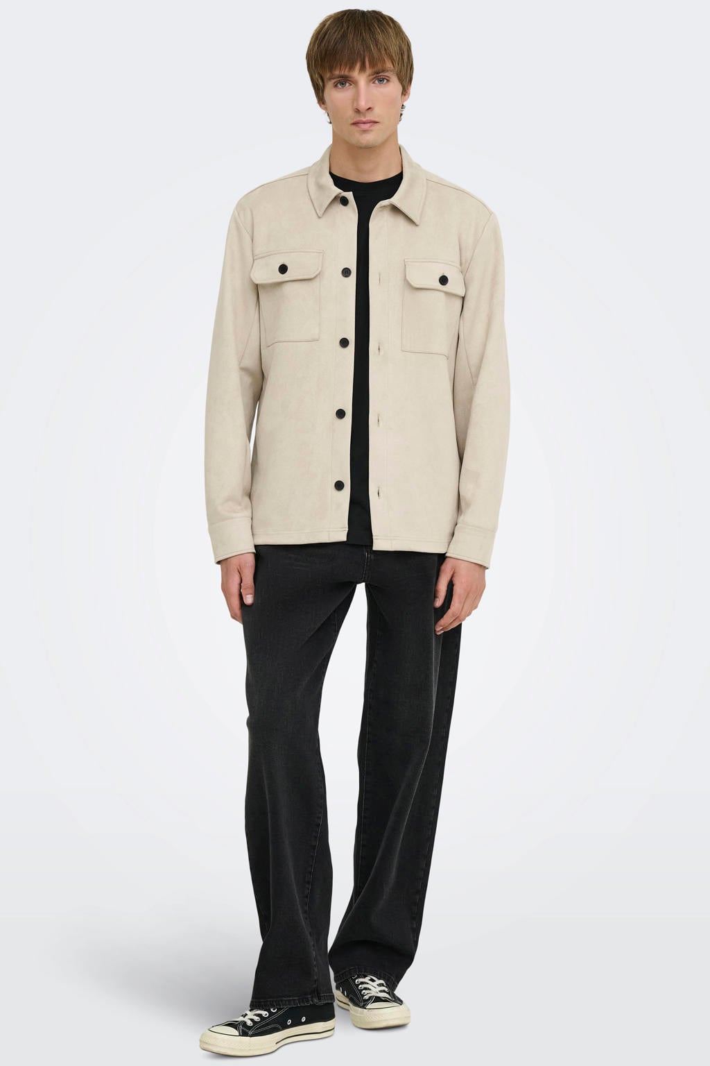 Beige heren ONLY & SONS suèdelook regular fit overshirt - met effen, lange mouwen en klassieke kraag