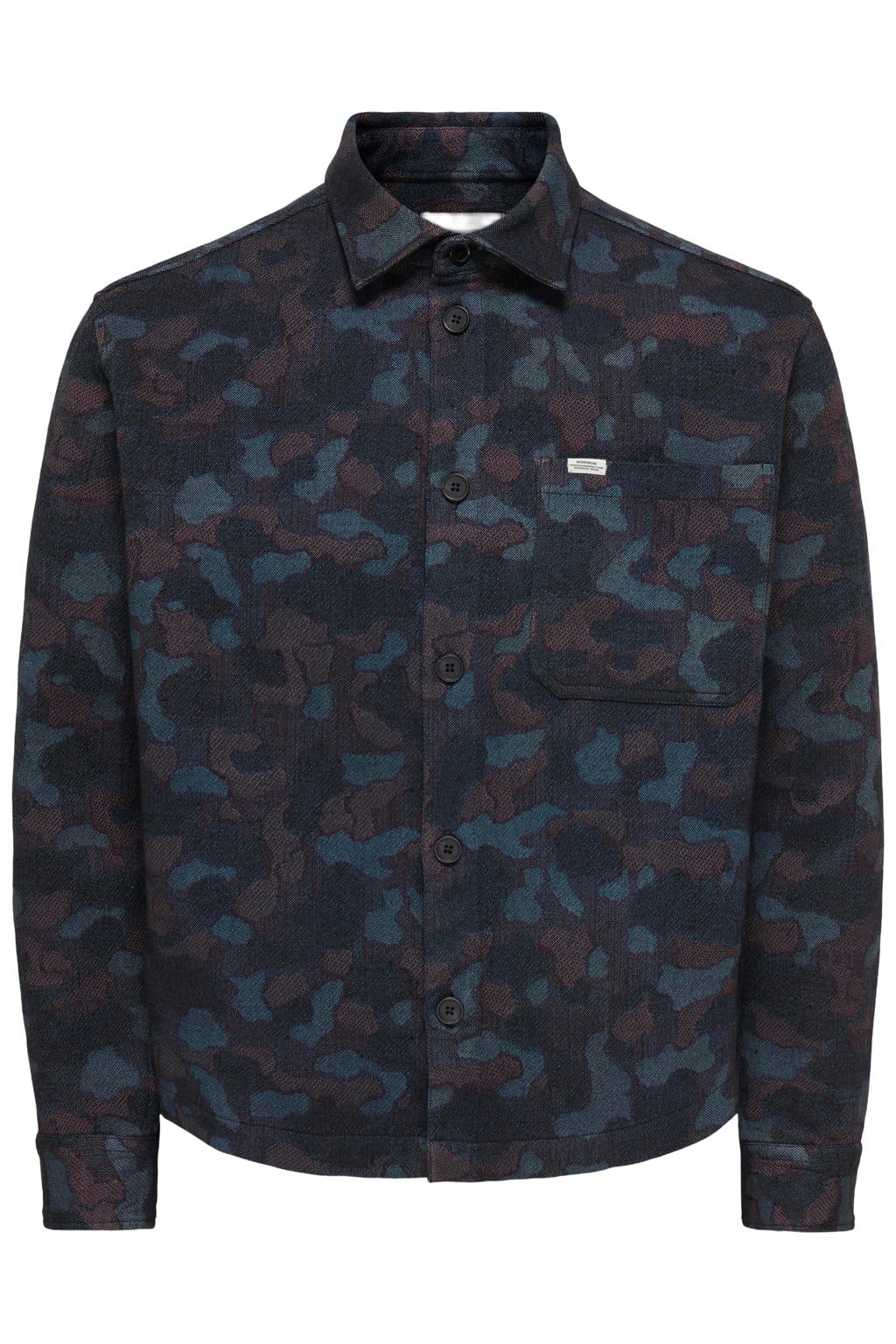 Donkerblauwe heren ONLY & SONS regular fit jacquard overshirt van katoen met lange mouwen en klassieke kraag
