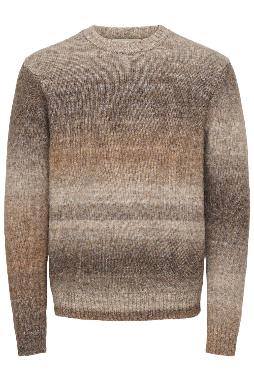 Bruine heren ONLY & SONS regular fit gebreide trui van wol met meerkleurige print, lange mouwen en ronde hals