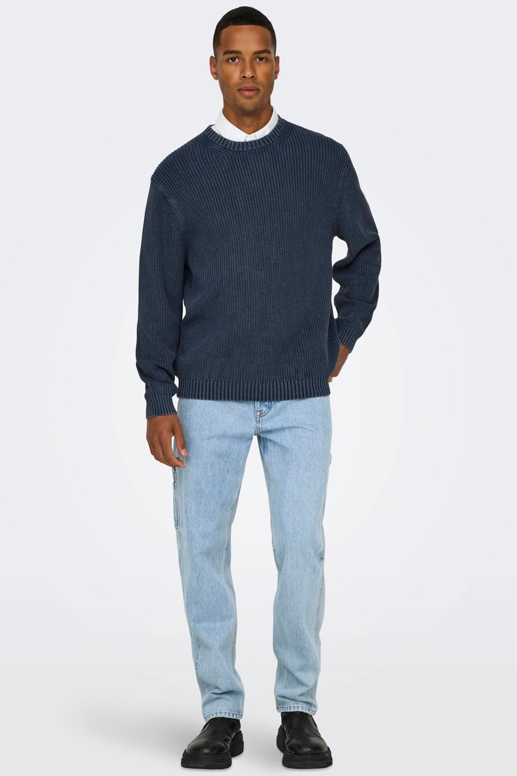 Donkerblauwe heren ONLY & SONS katoenen regular fit gebreide trui met lange mouwen en ronde hals
