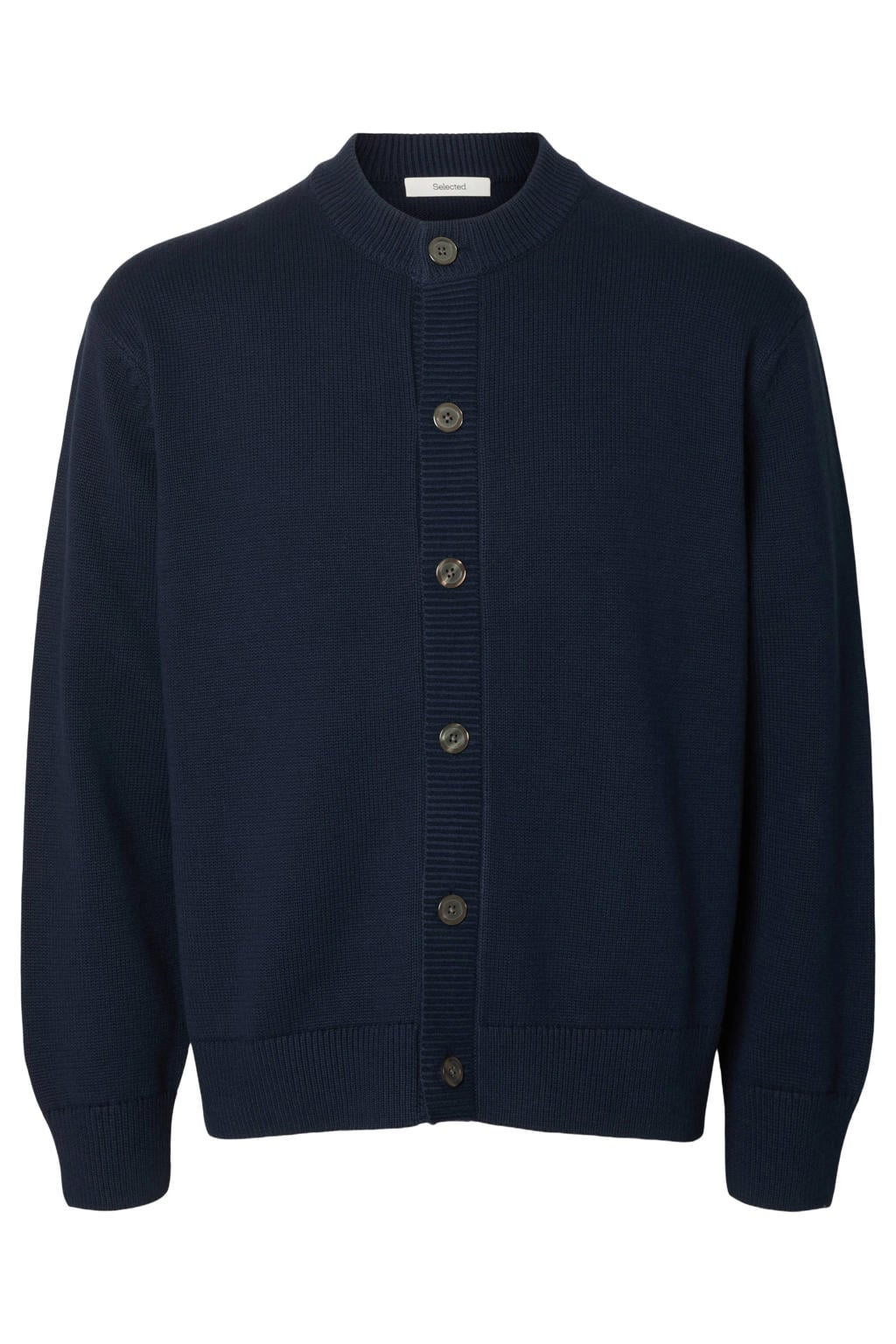Donkerblauwe heren Selected katoenen gebreid vest met lange mouwen, ronde hals en knoopsluiting