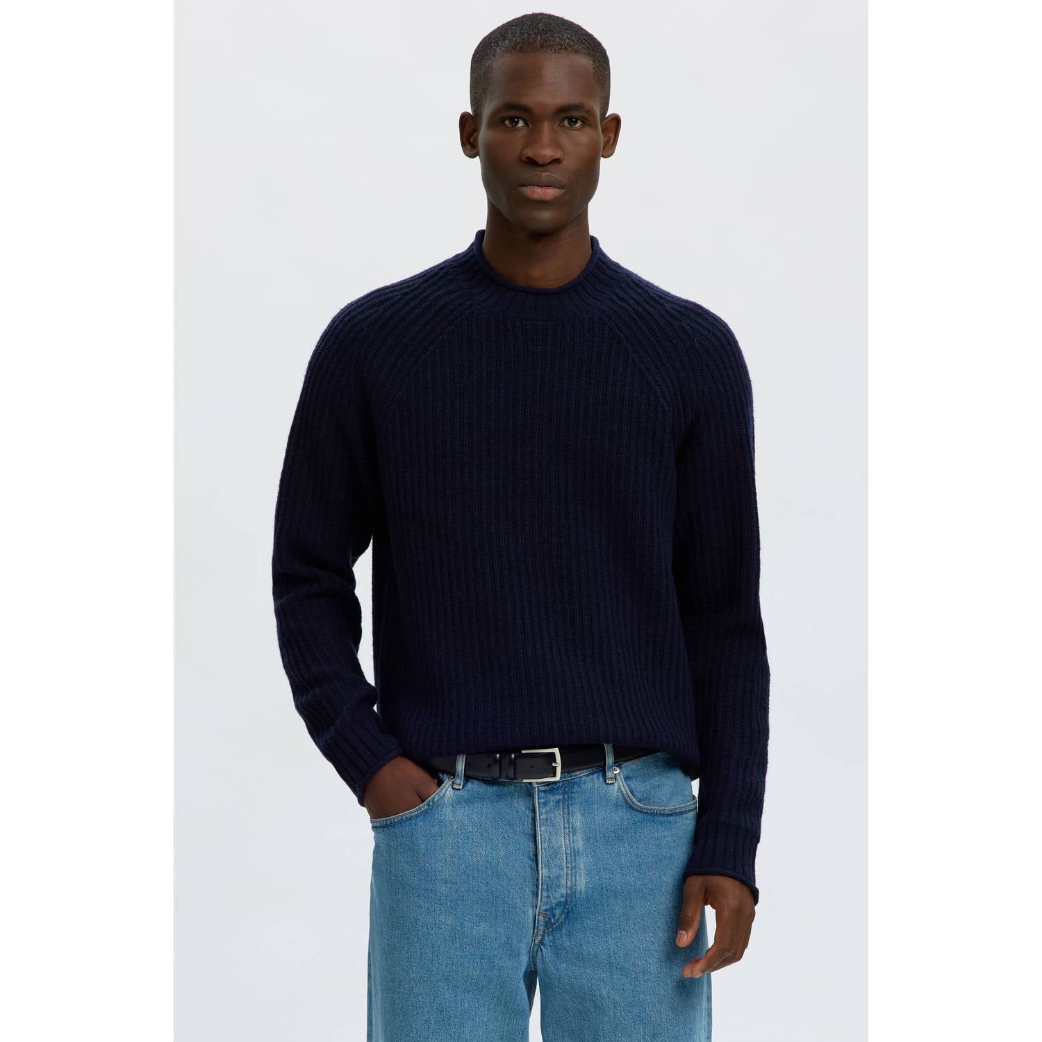 Selected regular fit gebreide trui met wol donkerblauw