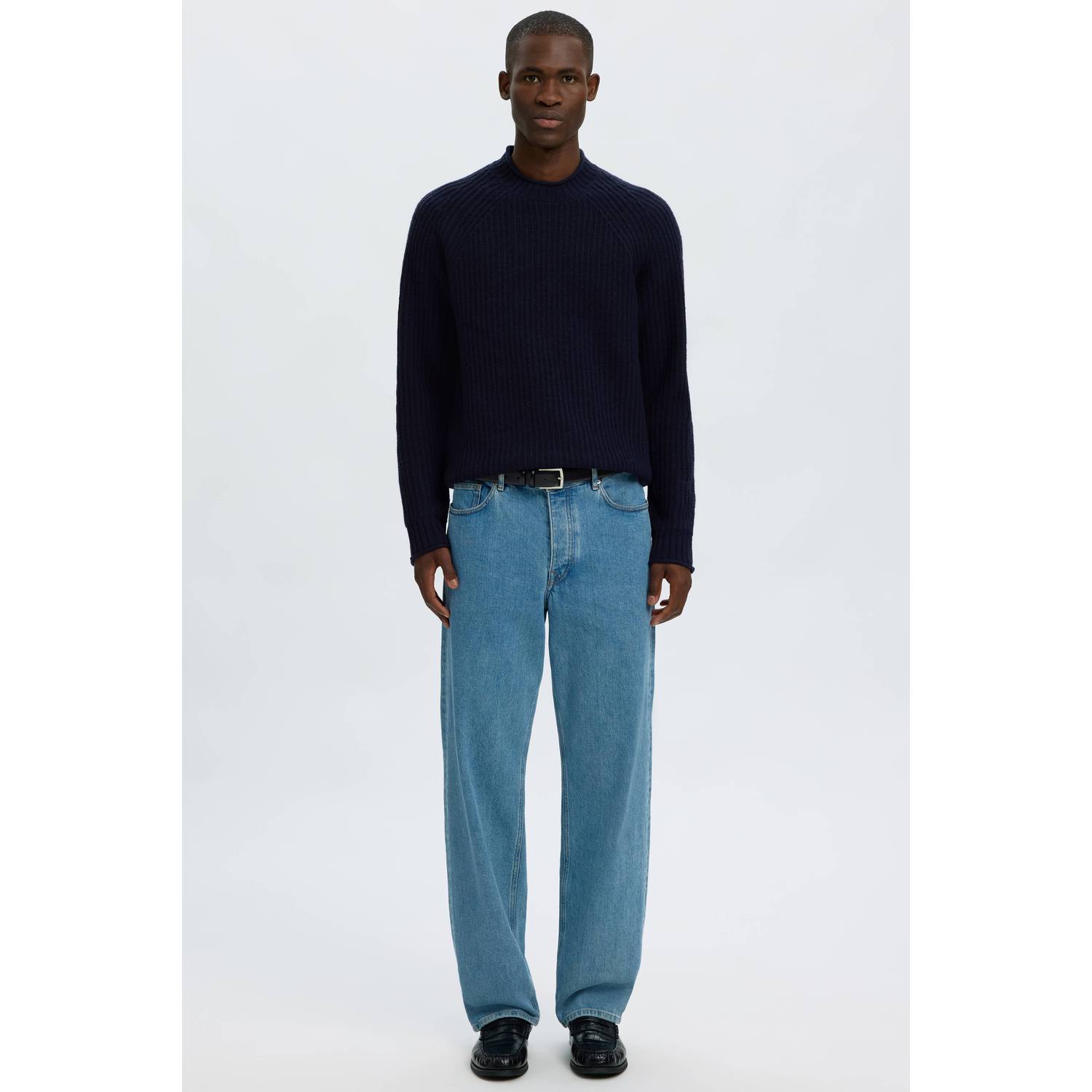 Selected regular fit gebreide trui met wol donkerblauw