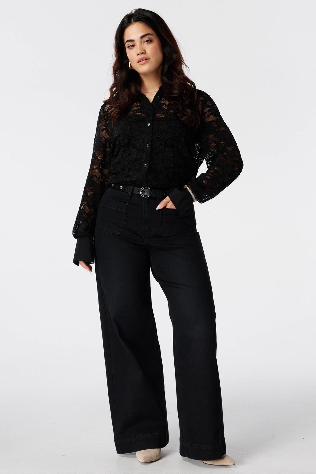 Zwarte dames MS Mode Plus Size kanten blouse met effen, lange mouwen, klassieke kraag en knoopsluiting