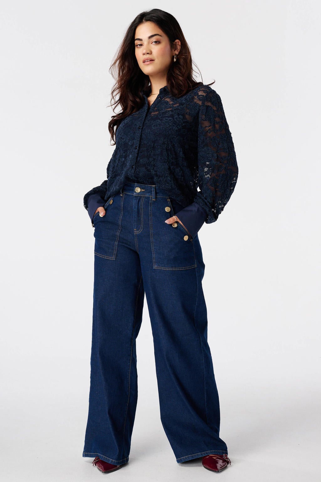 Donkerblauwe dames MS Mode Plus Size kanten blouse met effen, lange mouwen, klassieke kraag en knoopsluiting