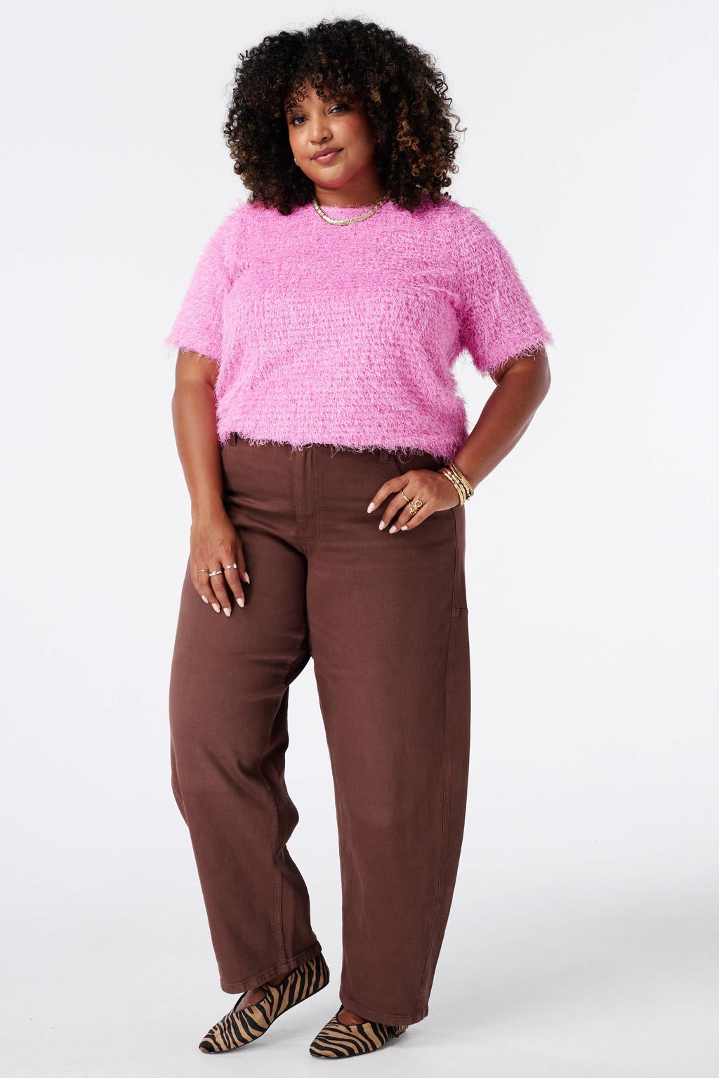 Roze dames MS Mode Plus Size gebreide trui van polyester met effen en korte mouwen