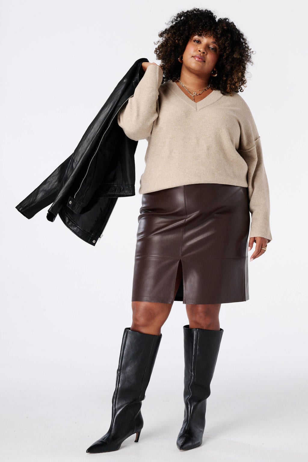 Bruine dames MS Mode Plus Size imitatieleren rok voorzien van ritssluiting