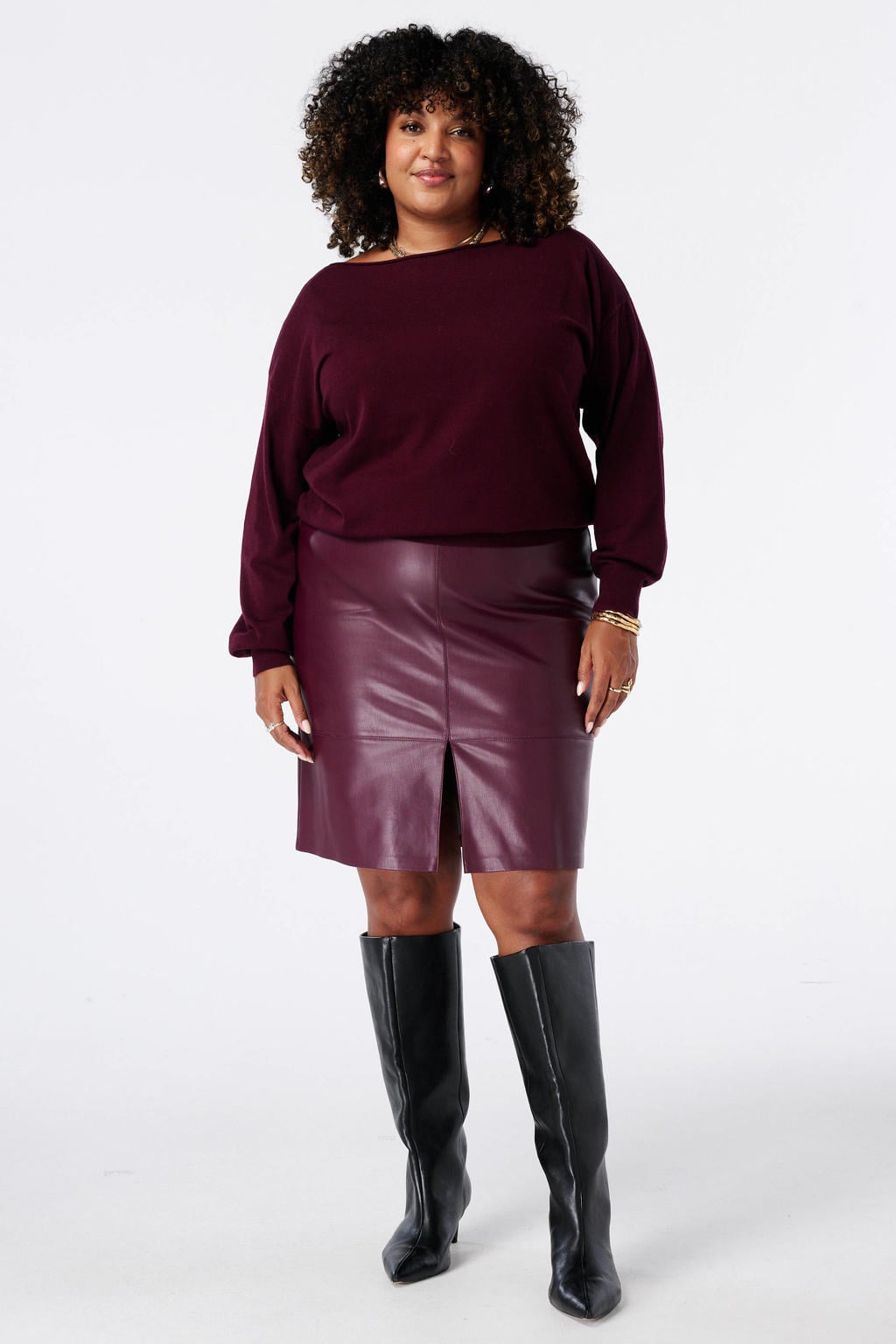 Donkerrode dames MS Mode Plus Size imitatieleren rok voorzien van ritssluiting