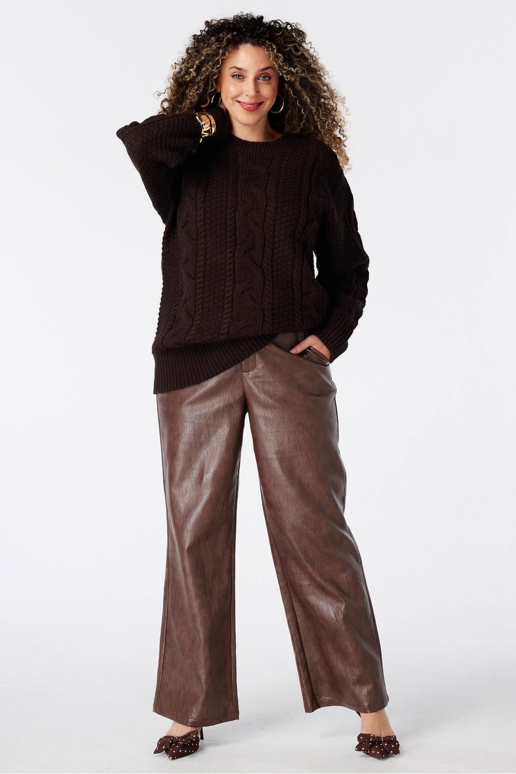 MS Mode imitatieleren flared broek - bruin