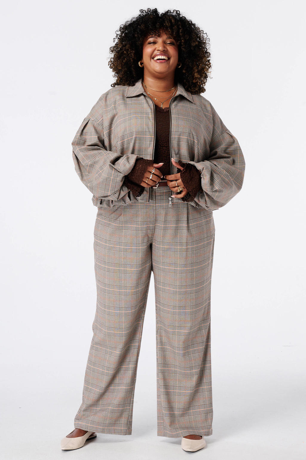 MS Mode Plus Size wide leg geruite broek met ceintuur - meerkleurig